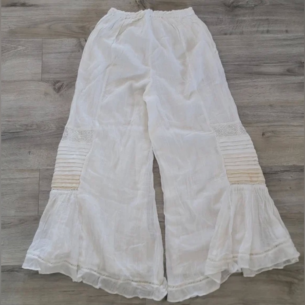 Free People White Wide-Leg Boho Pants with Pintuck & Lace - Picture 2 of 8